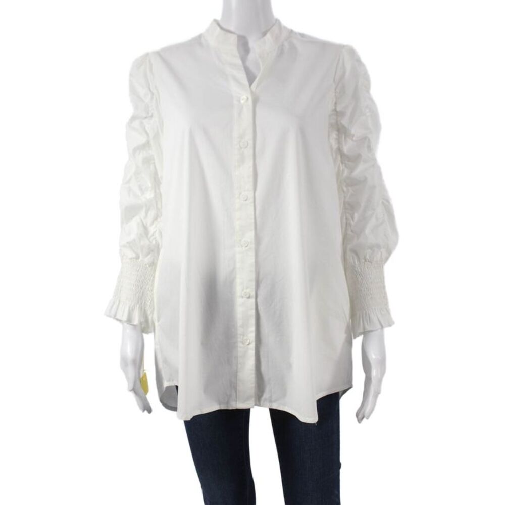 Noen Womens Tunic Blouse White Cotton Collared Button Long Sleeve Size L